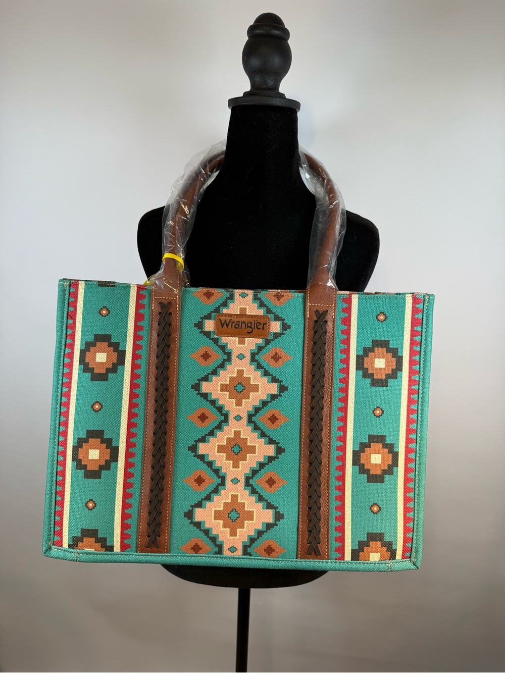 NWT Wrangler Aztec Western Canvas Tote Bag Turquoise Brown Southwestern Purse - Picture 3 of 9